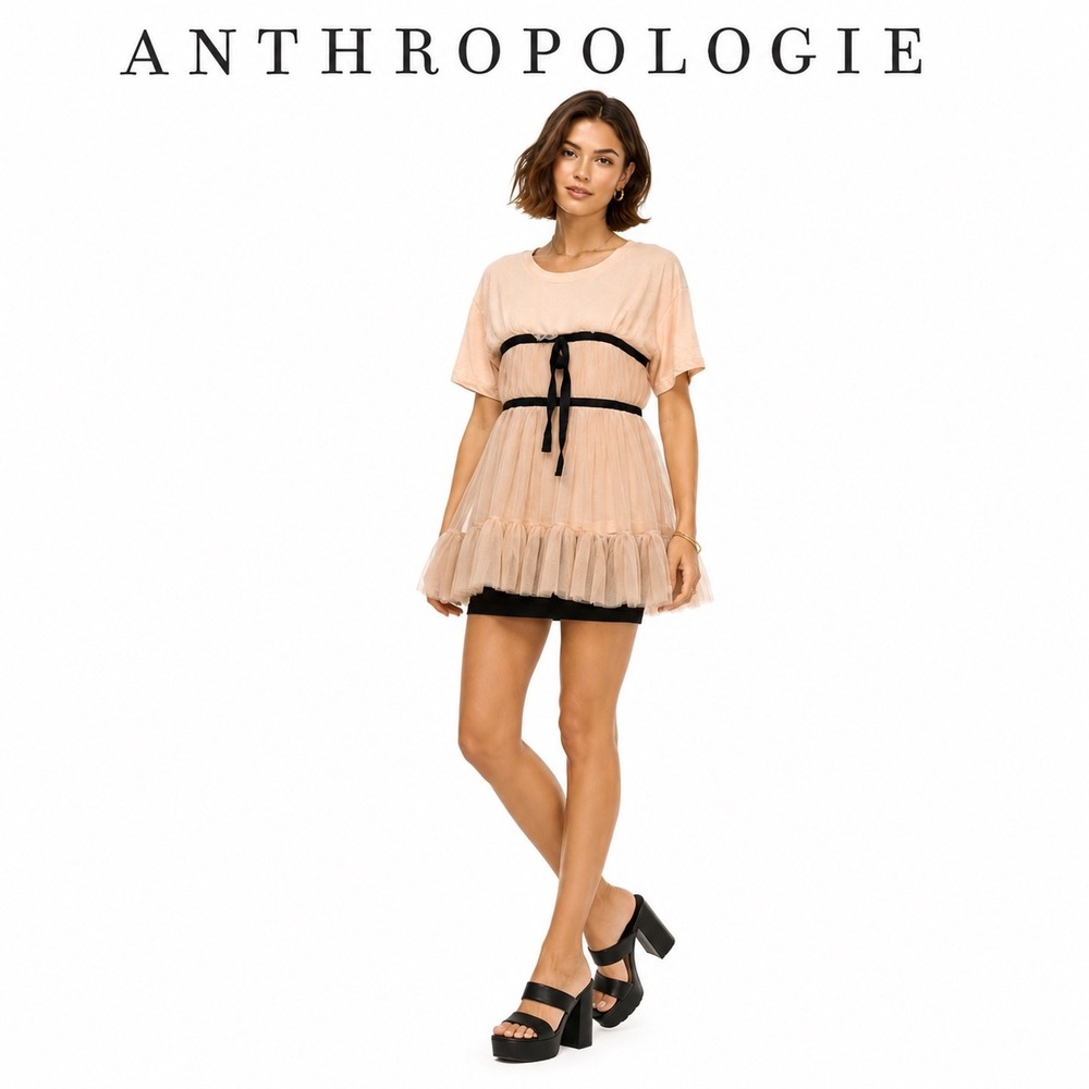 Anthropologie Pink Tulle Overlay T-Shirt‎ Dress L NEW